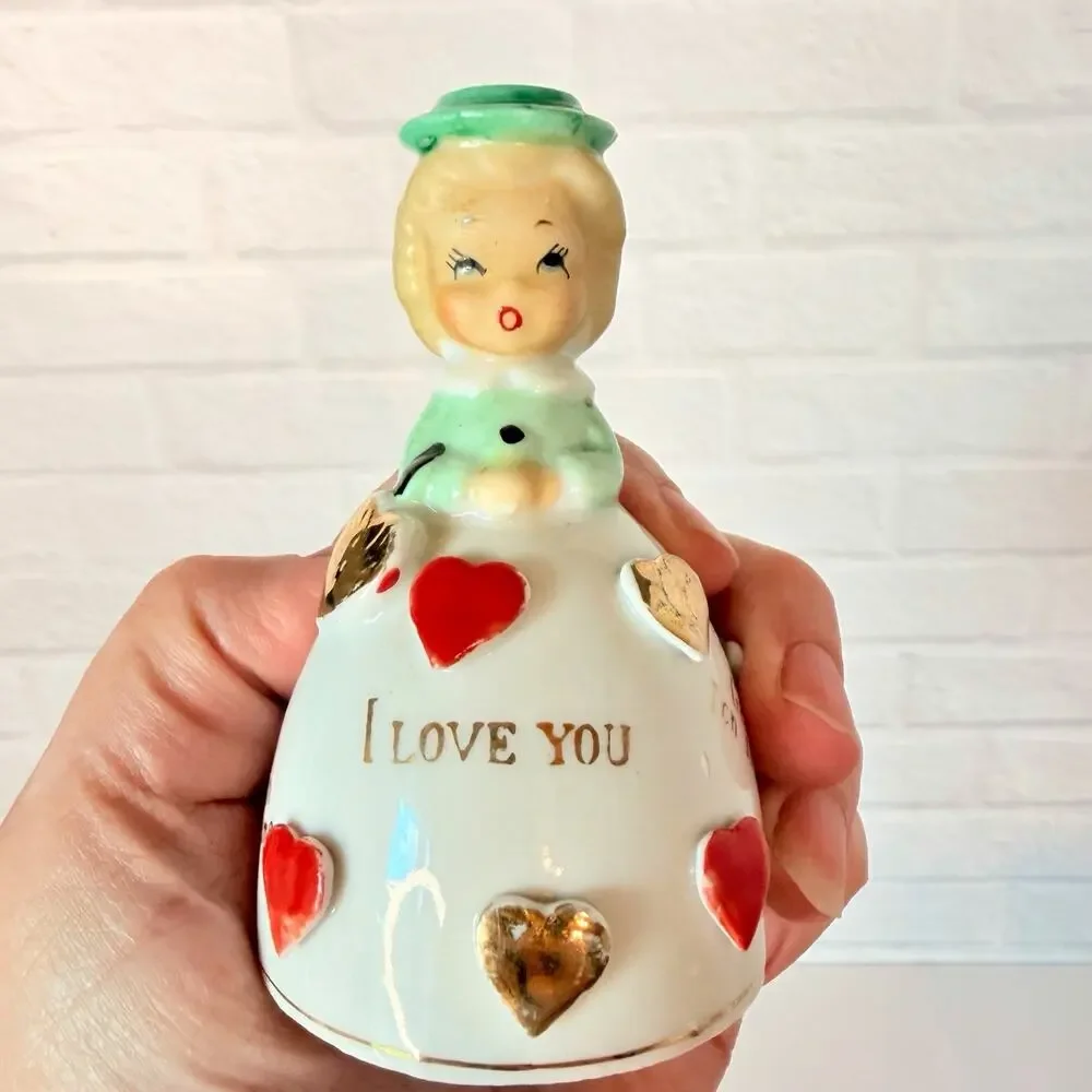 Vtg Girl Ceramic Bell W/ Hearts & I Love You In Different Languages Japan 3.5